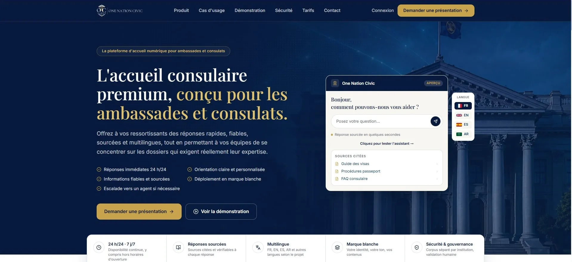 Page d'accueil de One Nation Civic : l'accueil consulaire numérique pour les ambassades et les consulats.
