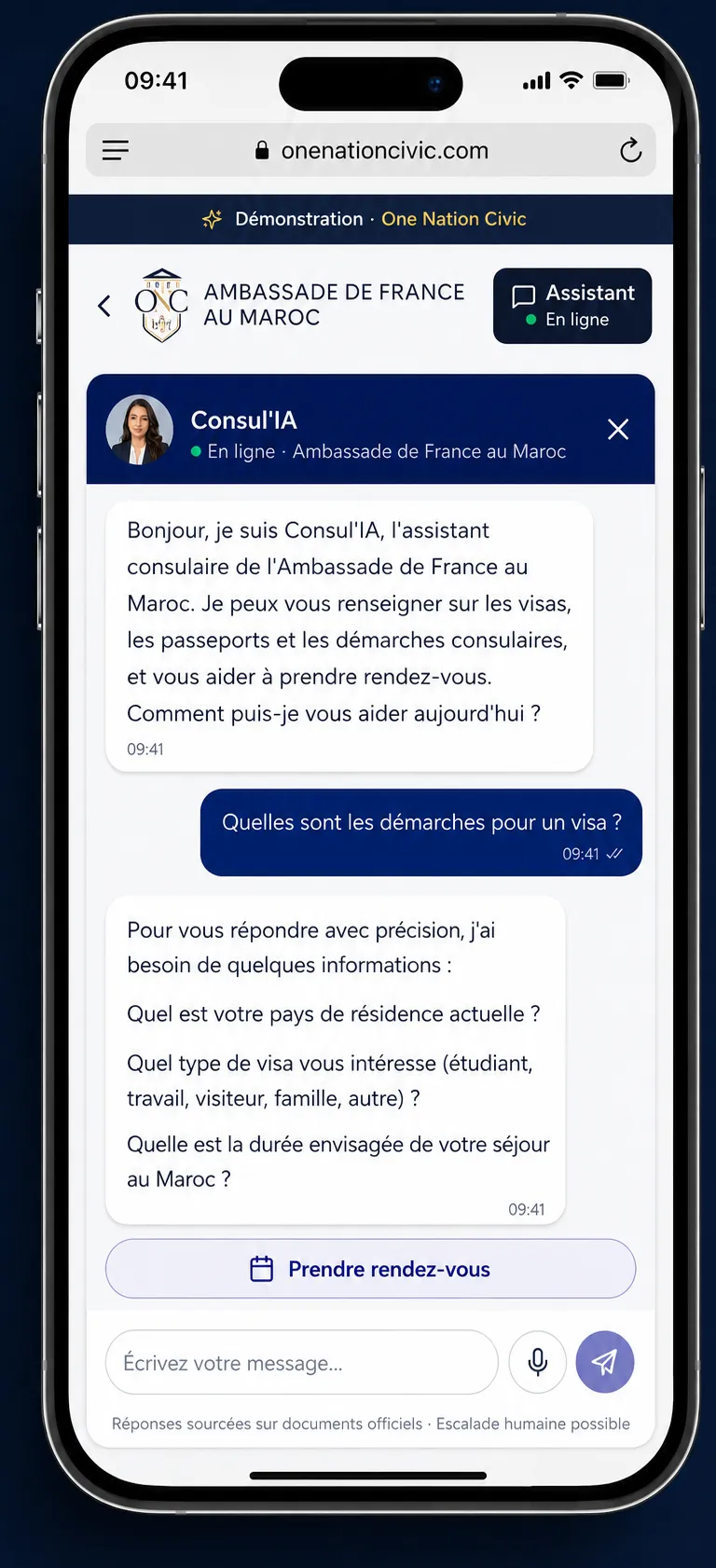 L'assistant One Nation Civic sur mobile, répondant à un usager sur les démarches de visa.